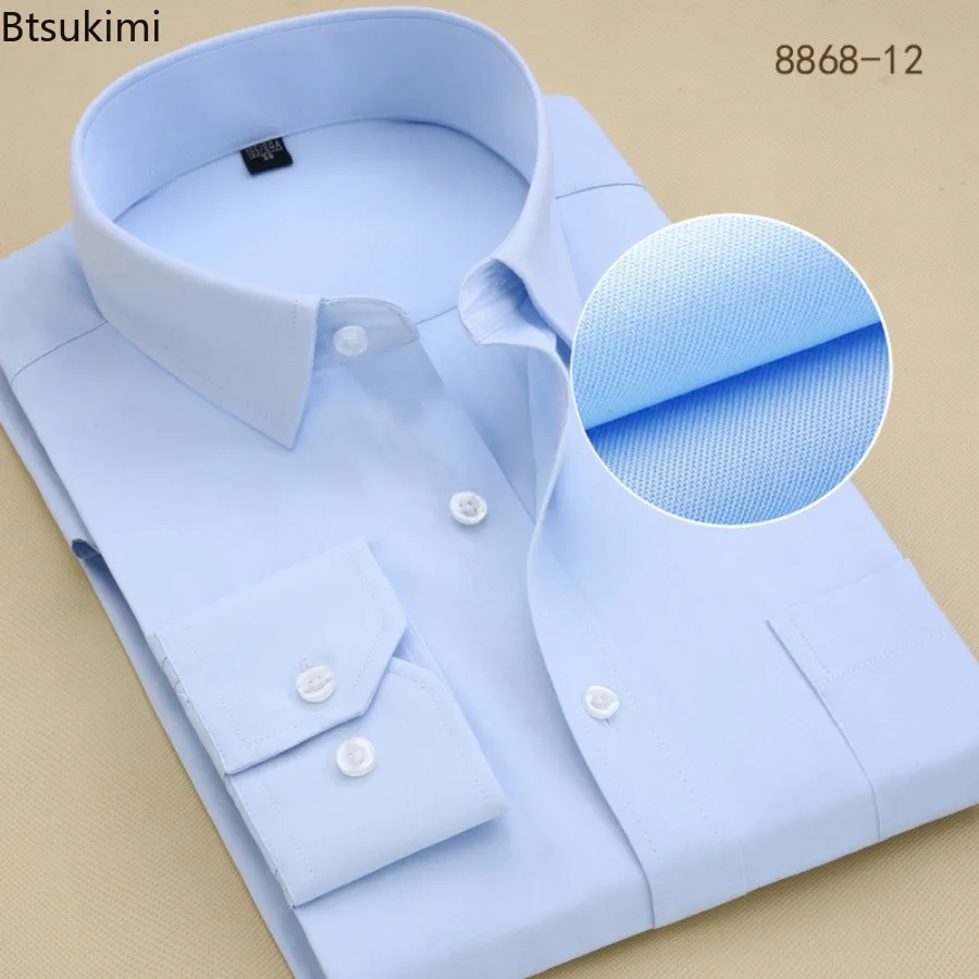 Plus Size Men's High Quality Dress Shirts Solid Color Long Sleeve Slim Fit Business Formal Clothing Male Social White Shirt Tops
