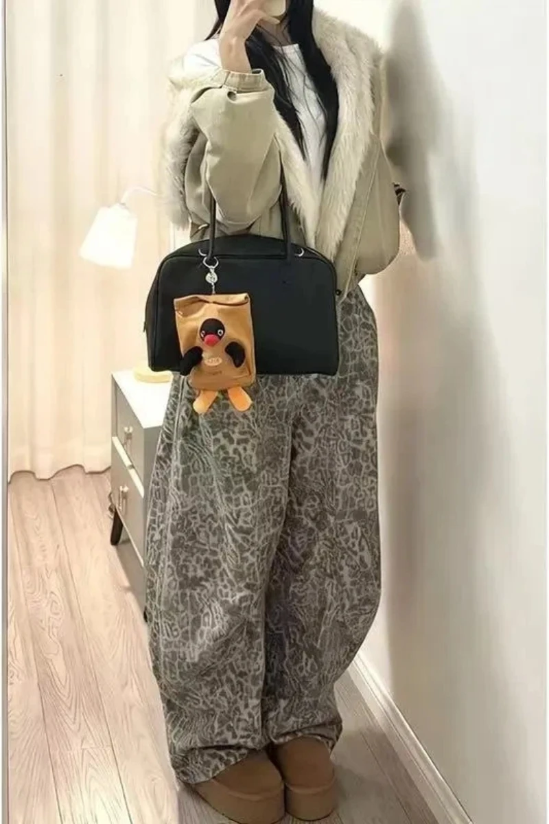 Women's Y2K High Waist Wide Leg Jeans Print Design Loose Fit Flare Trousers Comfort Stretch Casual Fashion Winter New