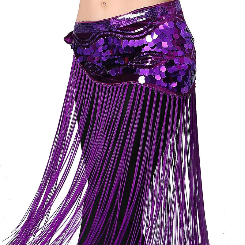 

Women Shiny Sequins Belly Dance Wrap Skirt Long Fringe Tassels Hip Scarf Carnival Rave Performance Dancewear Costume Outfit