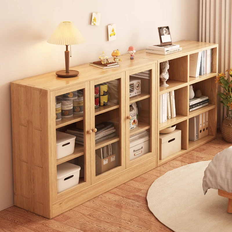

Solid wood integrated against the wall Household simple bookshelf Floor shelf Children with cabinet door storage locker