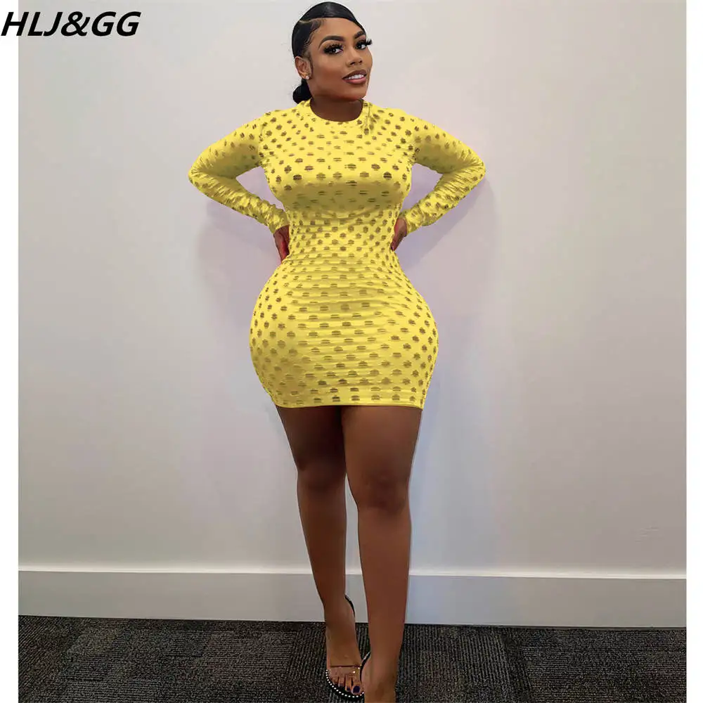 

HLJ&GG Sexy Hollow Out Bodycon Nightclub Party Dress Women Solid Color Round Neck Long Sleeve Mini Dresses Female Streetwear 2XL