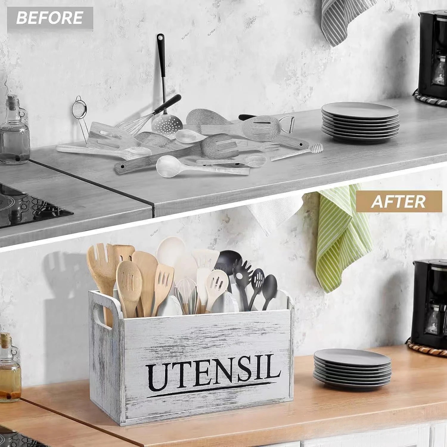 1pcs Wooden Retro Style Tableware Storage Box Kitchen Knife and Fork Dispenser Tabletop Spoon and Fork Divided Basket