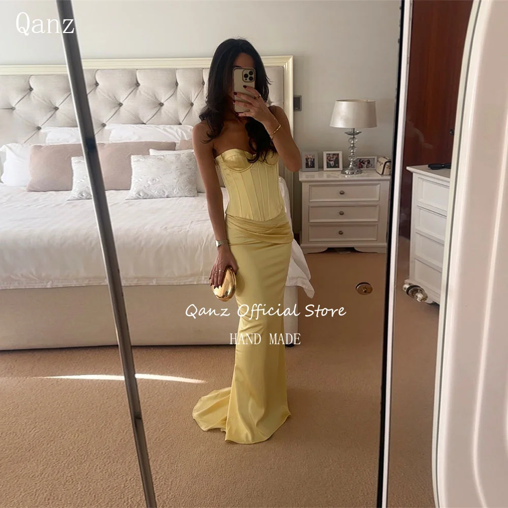 

Qanz Sexy 2-piece Set Prom Dresses Yellow Satin Mermaid Corset and Skirt Evening Dress Backless Robe De Soirée Femme Customized