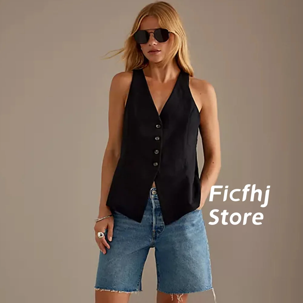 

Women Vests Plus Size V-Neck With Wide Shoulder Straps Black Lightweight And Breathable Summer Waistcoat chalecos para mujeres