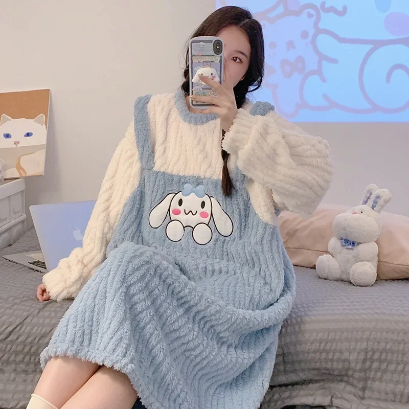 150kg Extra Large Size Coral Fleece Sleepwear Women's Cartoon Winter Thickened Sleep Dress Homewear Robe Korean Sweet Pajama