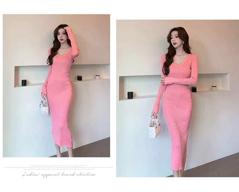 Langes Strickkleid für Damen 2026 Herbst Winter Neuerscheinung Langes Kleid mit Trompetenärmeln und V-Ausschnitt Koreanischer Stil Modisches Damenkleid – Detail 8