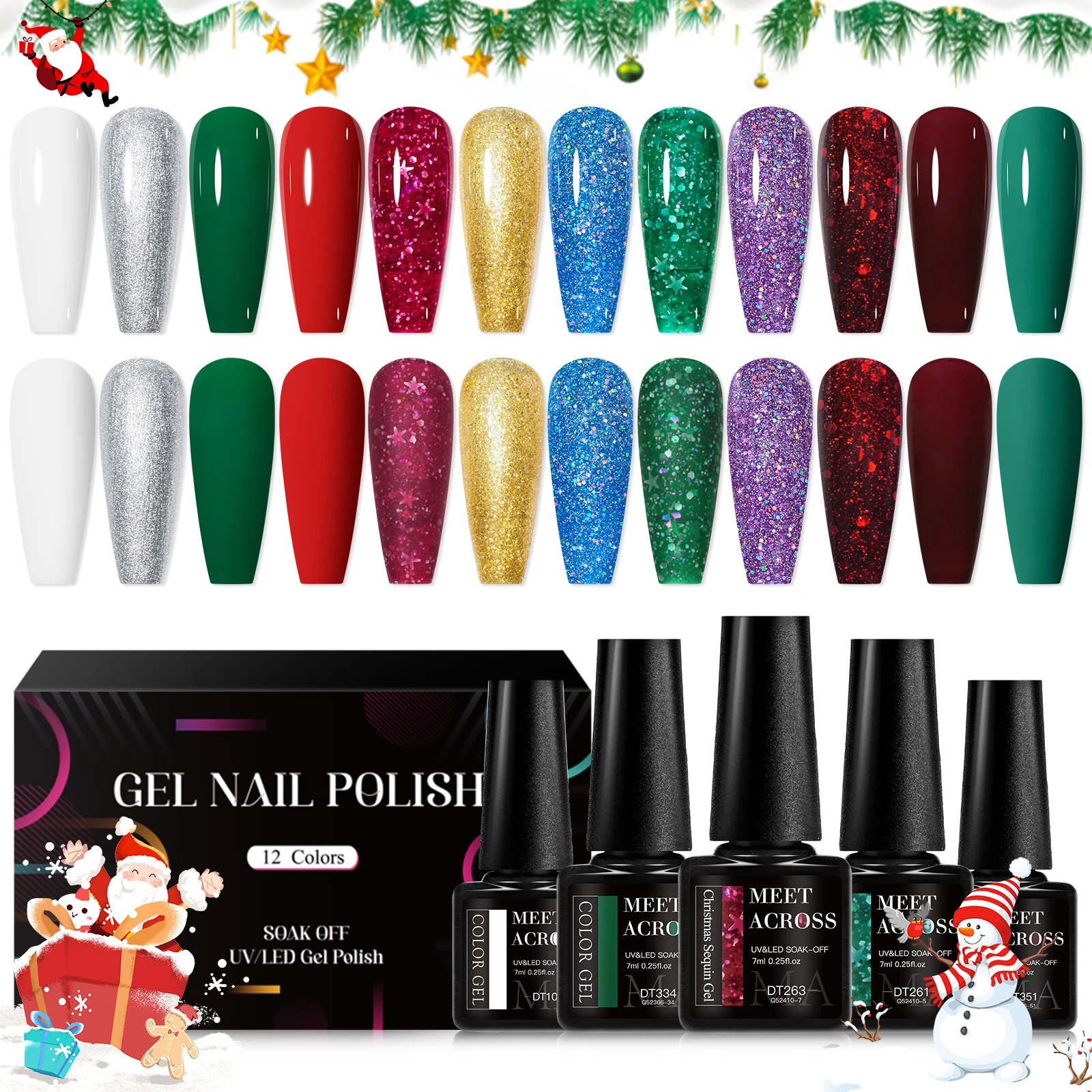 MEET ACROSS12Pcs/Set Glitter Snowflakes Gel Nail Polish Christmas Semi Permanent UV Gel LED Nail Art Varnish Manicure Kit