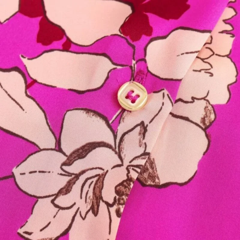 Damen Sommer Frühling Blumendruck Satin Bluse Fliege Hals Elegantes Hemd Mode Büro Dame Top