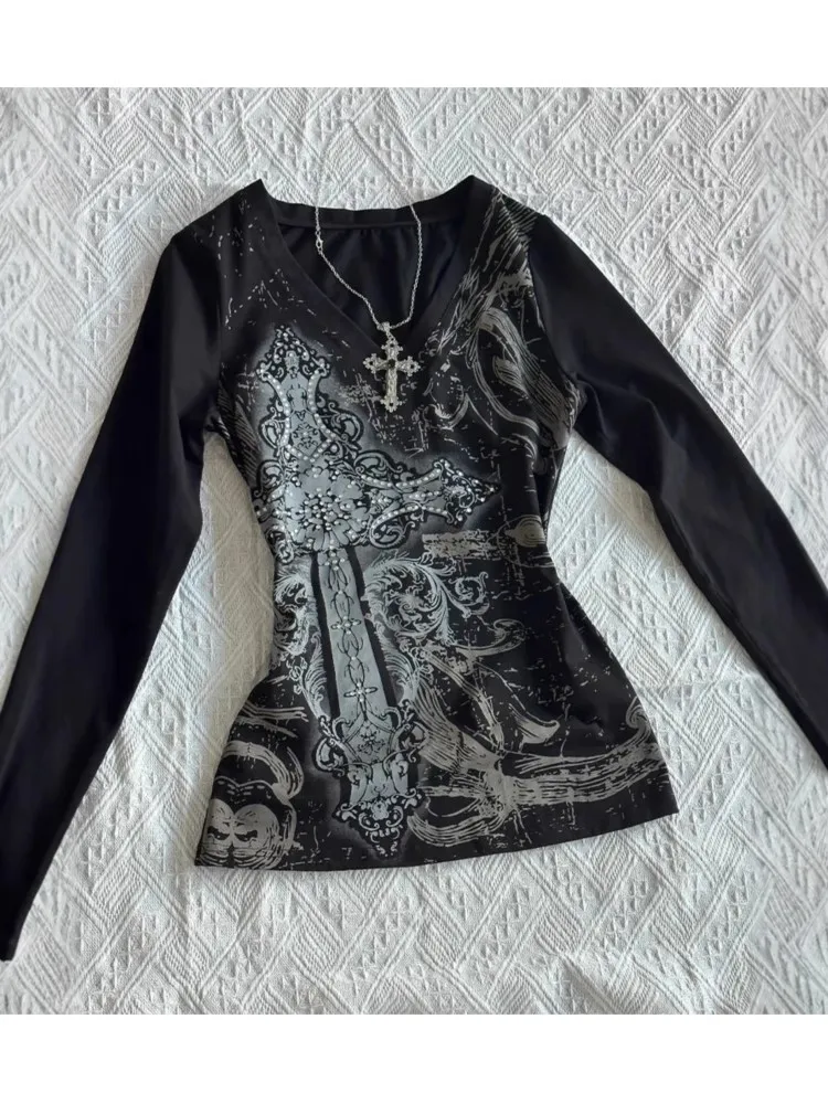 

2025 Fashion T Shirt Tees Long Sleeve Tops Blusas Casual Y2k Clothing Vintage Street Wind Gothic Style Printed Contrast Trendy