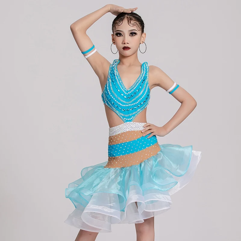 Children'S Latin Dance Professional Dresses For Girls Full Diamond Ballroom Dance Dress High-End Cutout Professional Wear 11578