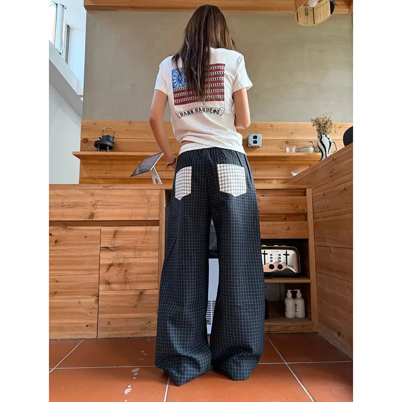 2026 Fashion Trendy Lady Multi‑pocket Navy Plaid Trousers Girls Korean Straight Leg Casual American Vintage Pants