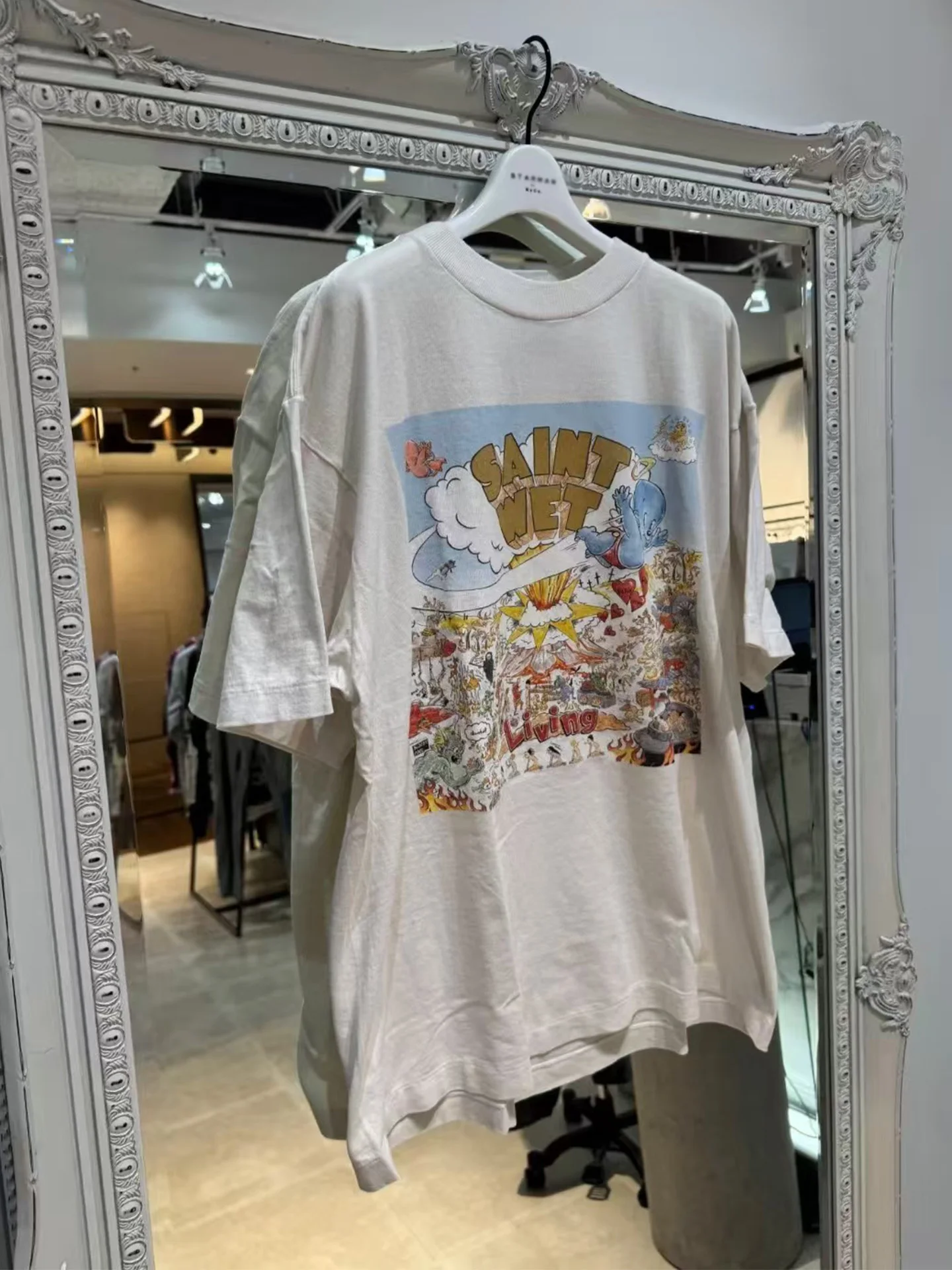 

Saint Mx6 SS26 Wet Retro Cartoon Illustration Print Casual Short Sleeve T-Shirt Unisex Trendy Cotton round Neck Top