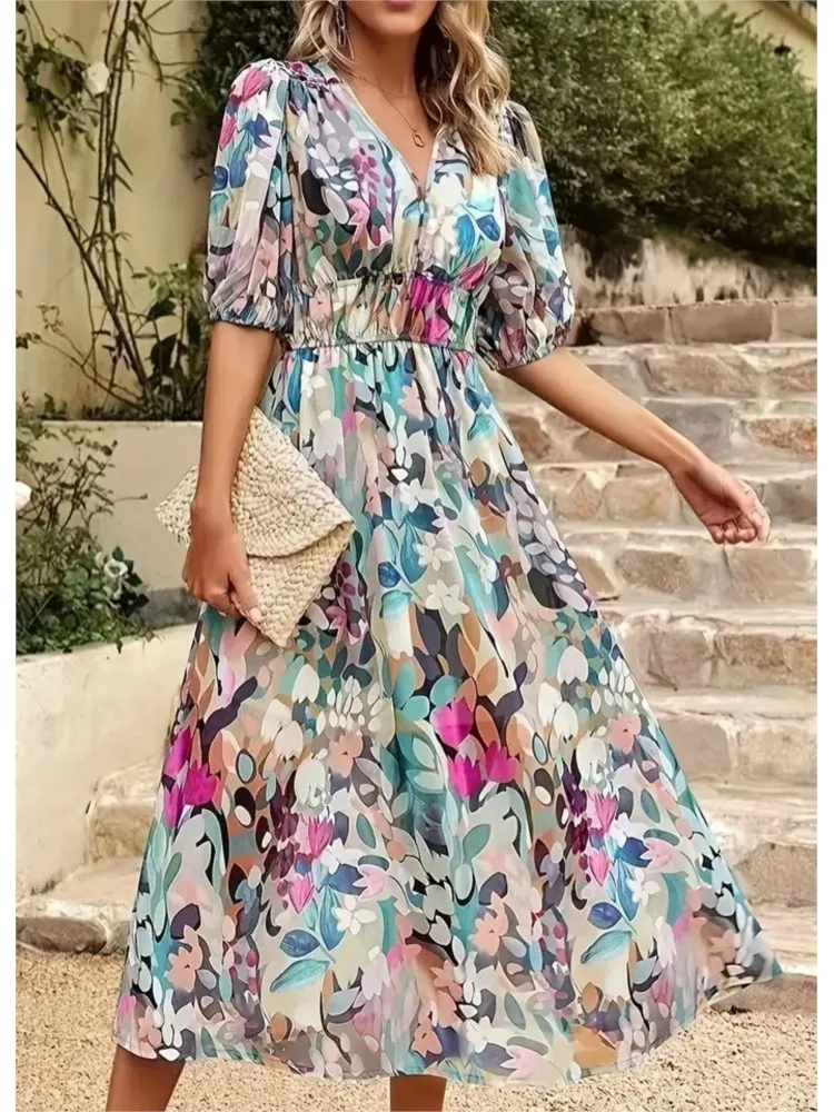 2024 Spring Summer New Women's Dress Fashionable Floral Sexy V-neck Waist Vacation Casual Style Five-quarter Sleeve Midi Dress