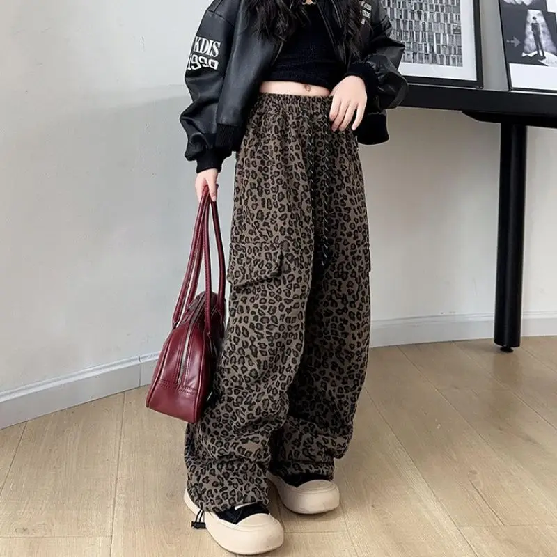 

Girls Pants 2025 Spring and Autumn New Leopard Print Work Pants with Drawstring and Ankle Closure Fashionable and Stylish