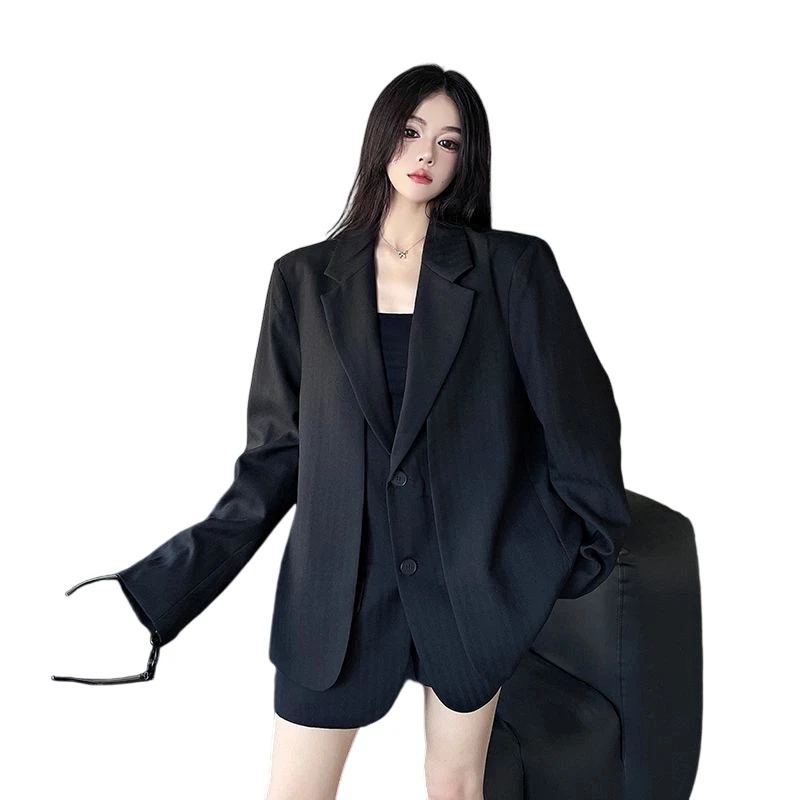 Women Gray Fake Two Pieces Big Size Blazer New Lapel Long Sleeve Shoulder Pad Jacket Fashion Spring Autumn 2025
