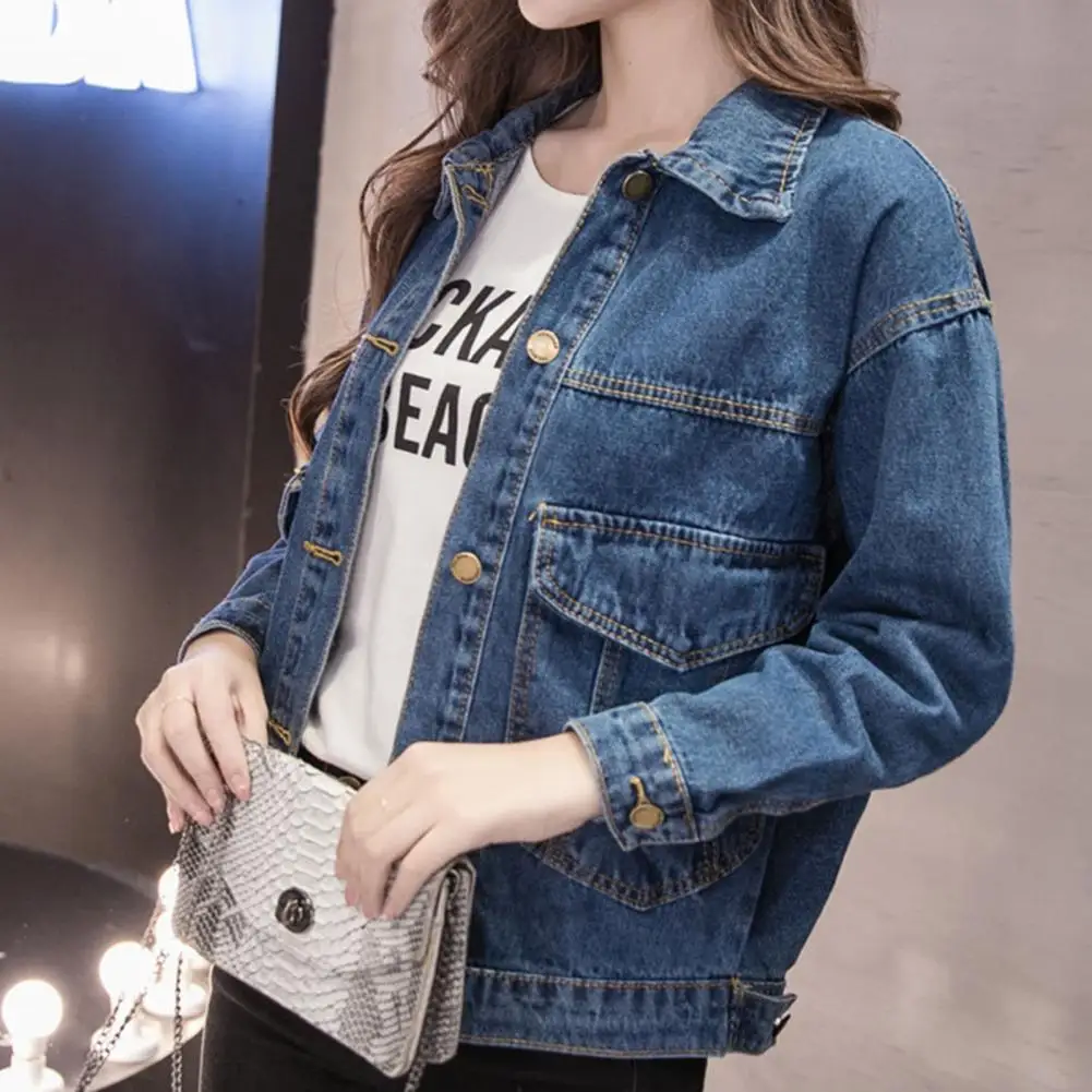 

2025 Autumn Women Denim Coat Washed Long Sleeve Slim Fit Short Jacket Pockets Turn Down Collar Street Casual Female Outerwear