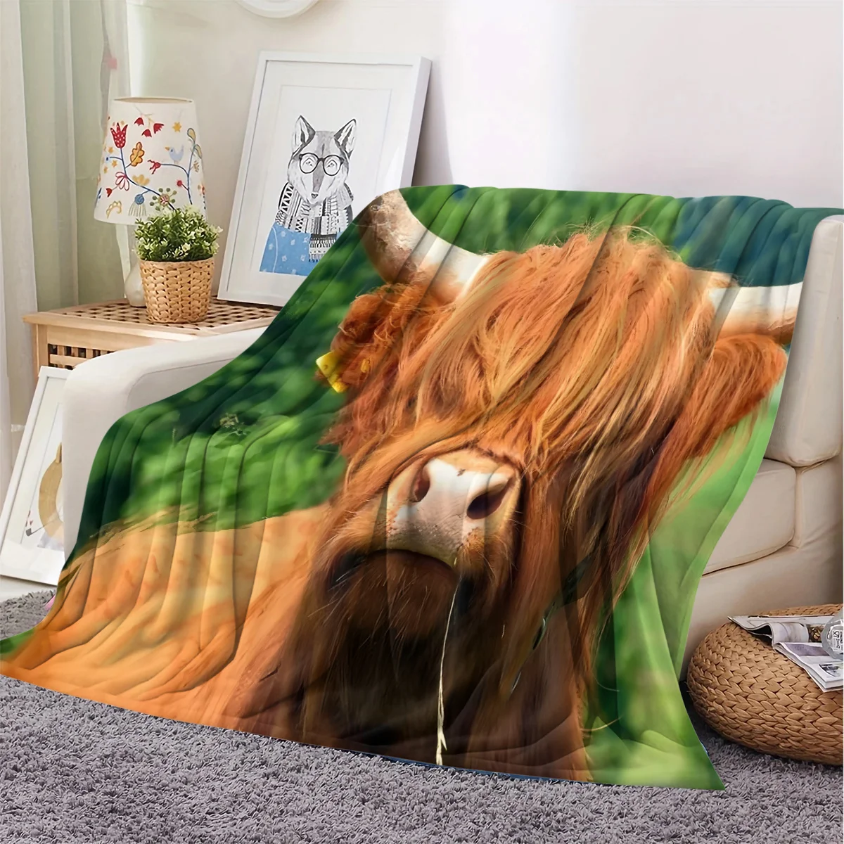 Farm Highland Cow Portrait Blanket Adorable Fluffy Scottish Highland Cow With Big Horns Lush Green Grassland Background