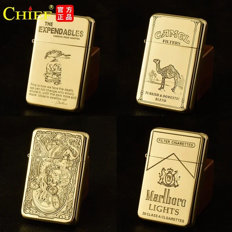 

CHIEF Vintage Brass Kerosene Lighter Slim Windproof Grinding Wheel Lighter Opan Flame Cigarette Accessories Exquisite Men's Gift