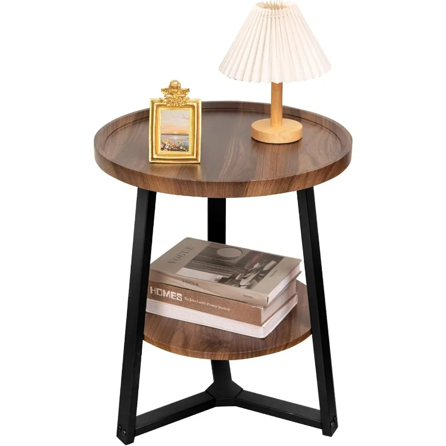 Mesa lateral redonda de 2 camadas para sala de estar pequena mesa de cabeceira de madeira com prateleira de armazenamento 19,5 polegadas círculo ac