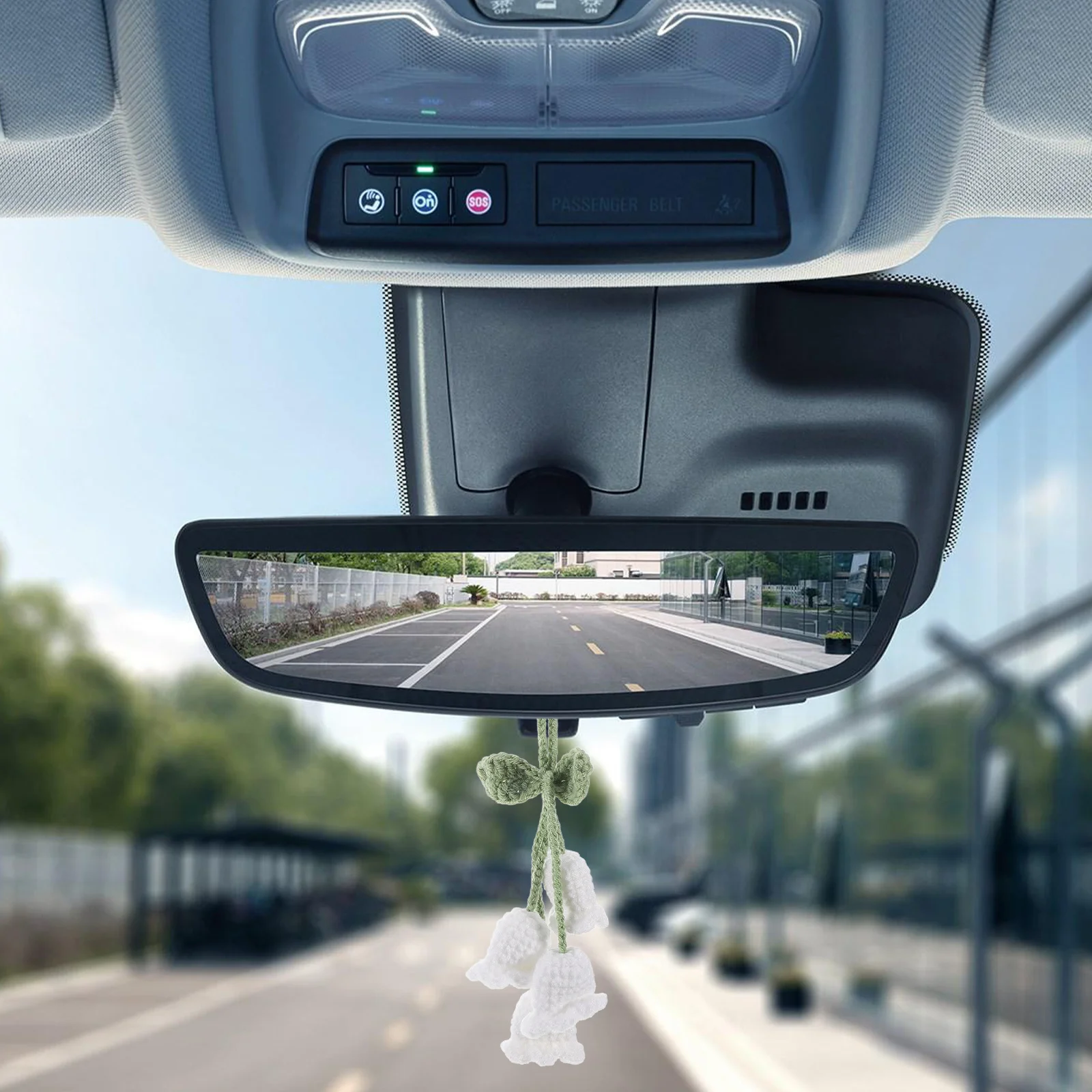 

Creative Crochet Car Mirror Hanging Accessories White Knitted Orchid Flower Keychain Rear View Mirror Pendant Cute Handmade Car