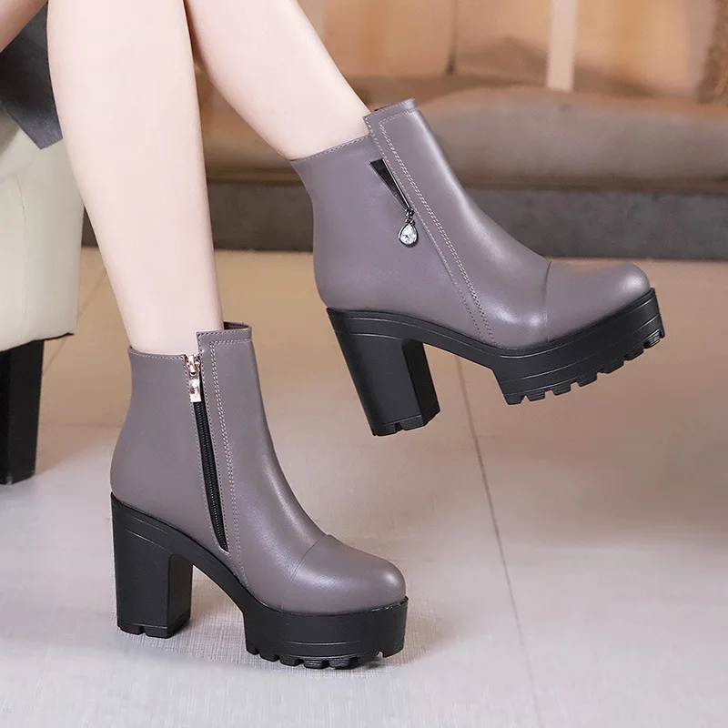 High quality short ankle leather boots for women 10cm high heel platform new 2024 autumn winter 32 33 elegant shoe black grey