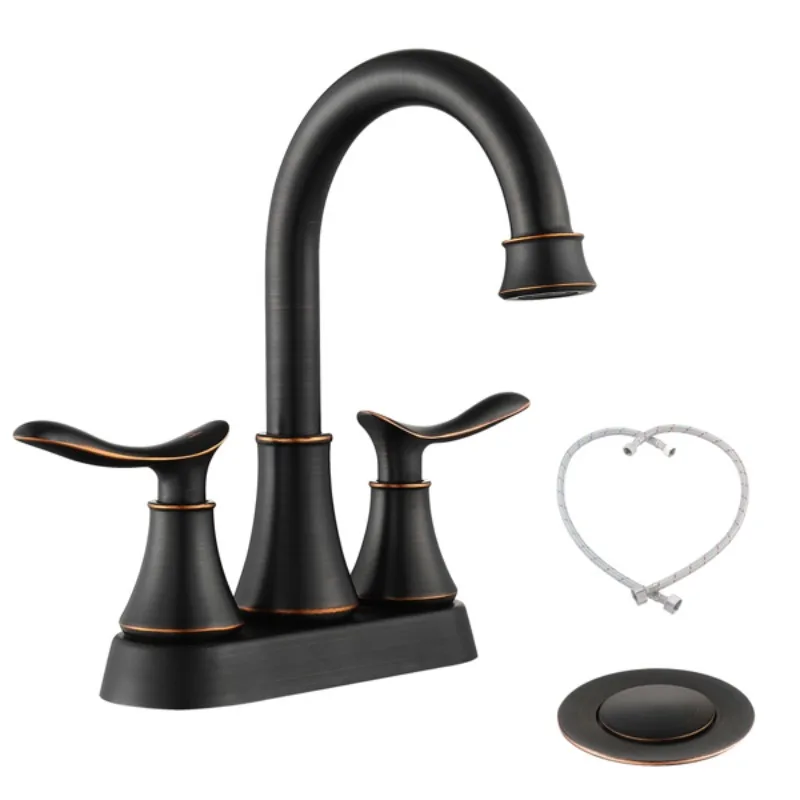 Double Handle 4-inch Bronze Bathroom Faucet Household Bathroom Sink Faucet Easy To Install Pop-up Drainage Supply Hose Kit