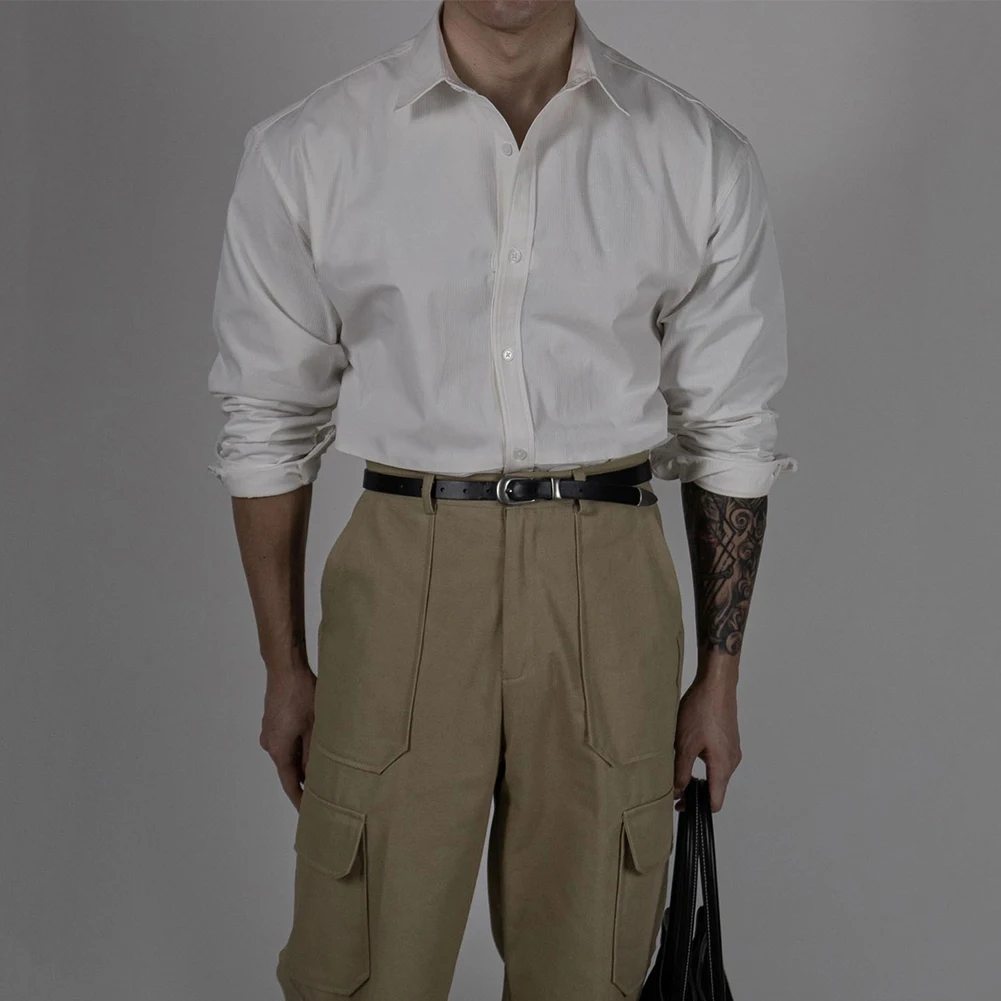 เสื้อคอปกแขนยาวผู้ชายแนวสตรีทเสื้อติดกระดุมเสื้อปาร์ตี้ Baju otot