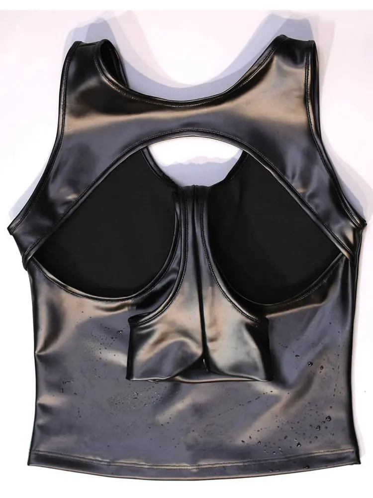 Sexy Latex PU Faux Leder Aushöhlen T-shirt Öl Glänzende Engen Tops Bandage Offene Büste Elasitc Erotische Trikot Punk Dance tragen