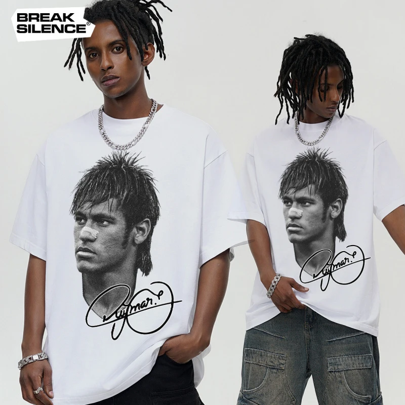 Neymar Football Superstar Short Sleeve T-shirt Men's Top Distressed American Pure Cotton Oversized Harajuku Streetwear Top Tees