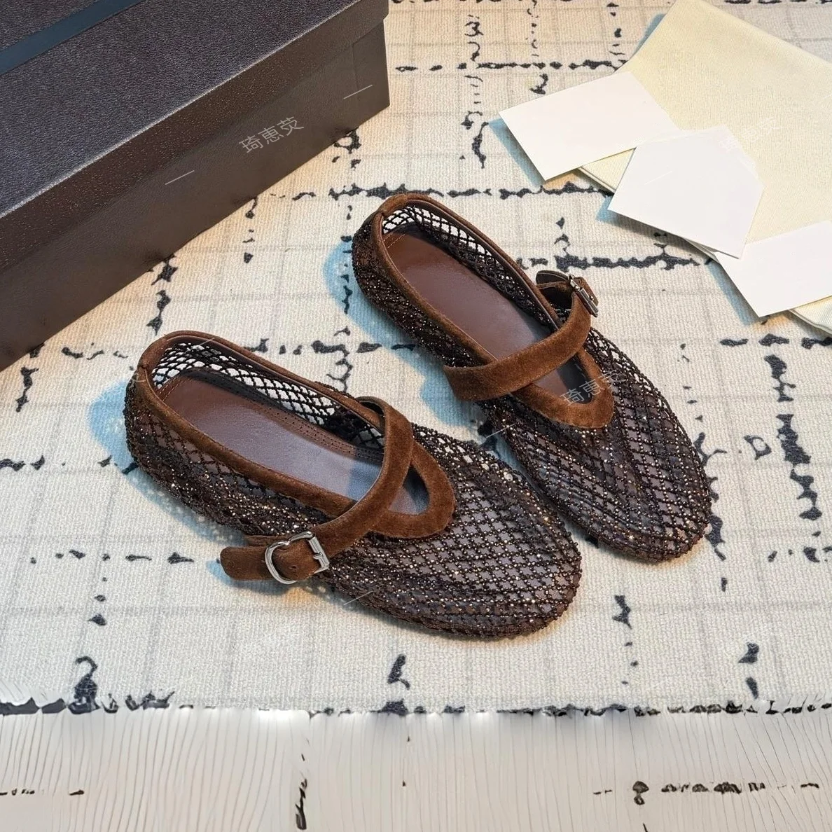 Genuine Leather Hollow-Out Mesh Flat Pumps Summer New Arrival Breathable Mary Jane Shoes Strap‑Style Ballet Flats Bota Feminina