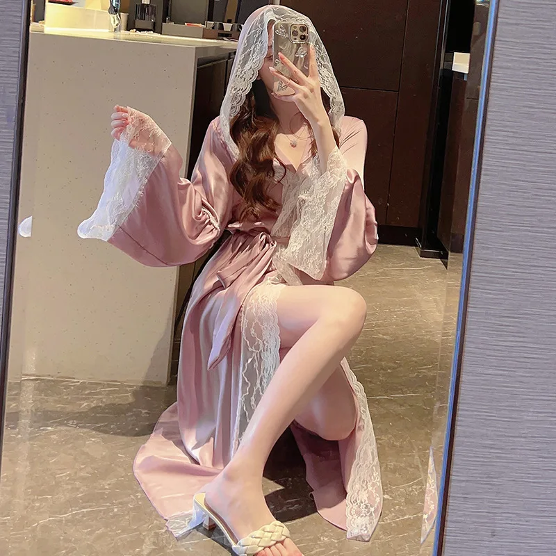 Long Hooded Robe Sexy Nightdress Kimono Bathrobe Gown Sleepwear Women Lace Patchwork Nightwear Loose Lingerie Satin Loungewear