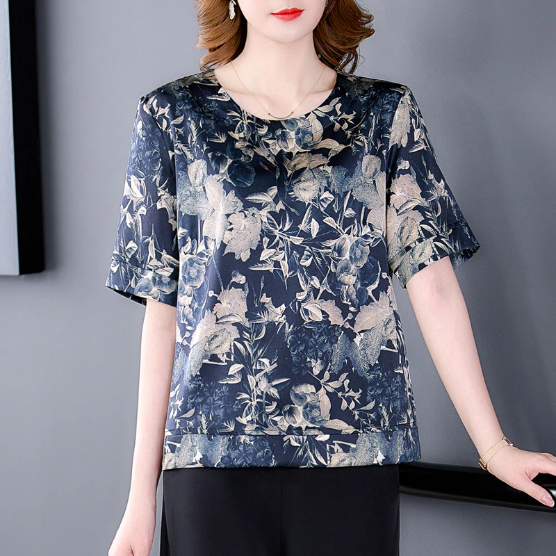 2024 New Floral Natural Silk Short Sleeve Blouses Women Fashion Elegant Bodycon Top Shirts Summer Korean Vintage Casual Shirts