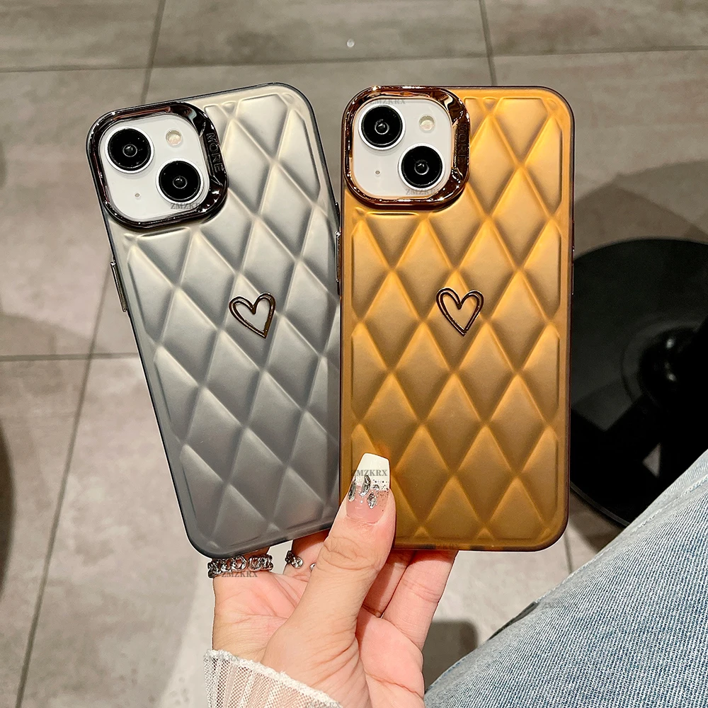 New Luxury Love Heart Plaid Silicone Phone Case For iPhone 11 12 13 14 15 Pro Max XS X XR 7 8 Plus SE Shockproof Hard Back Cover