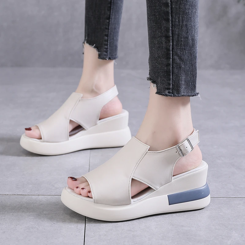 Summer Large Size Women Sandals Fashion Wedge Platform Sandal Ladies Outerwear Open Toe Solid Color Comfortable Thick Sole Shoes