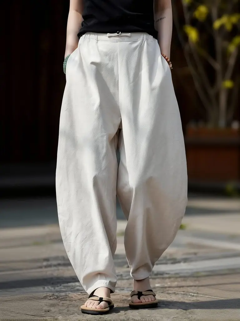 Men's Vintage Linen Harem Pants Cotton Loose Wide Leg
