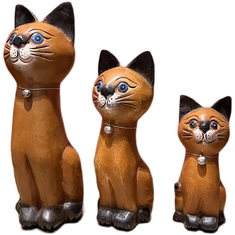 Handmade wood carving cat tabletop ornament living room study cartoon decoration creative gift blessing to friends