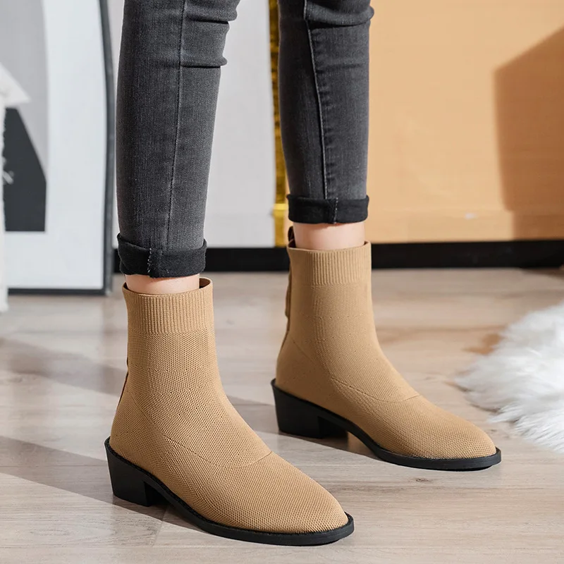 2023 New Knit Fabric Booties Women Spring Autumn Breathable Stretchy Knit Ankle Boots High Heels Boots Slip on Ladies Shoes