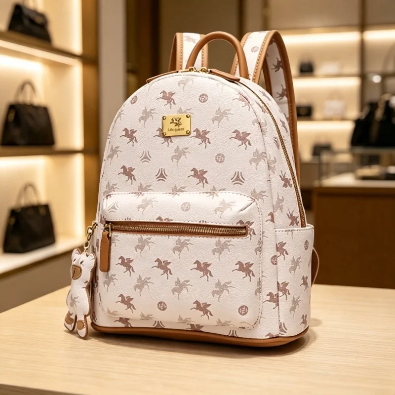 Vintage Print Women Backpack Cute Bear Pendant Metal Plate Decor Contrast Trim Multi Pockets Casual Travel School Daily Rucksack