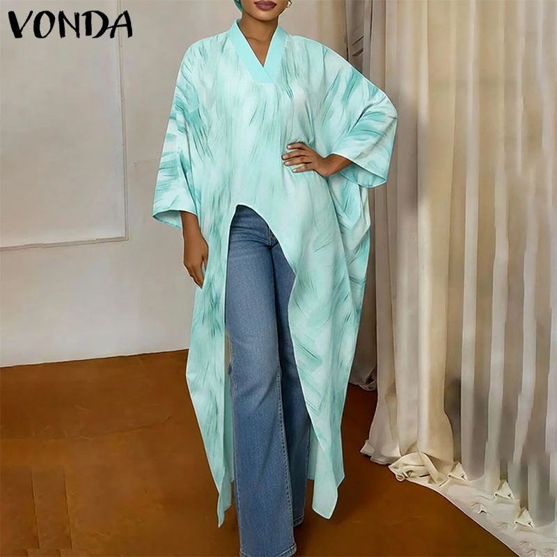 

VONDA Women Long Blouses Print Tops Summer Spring Female Tee V Neck Plus Size Blouse Aymmetric Hem Asymmetrical Hem Streetwear