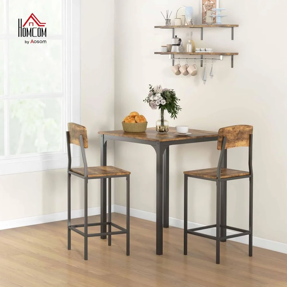 HOMCOM 3-Piece Counter Height Bar Table with Space-Saving Design, Square Kitchen Table and Chairs Set with Footrest, Metal Legs,