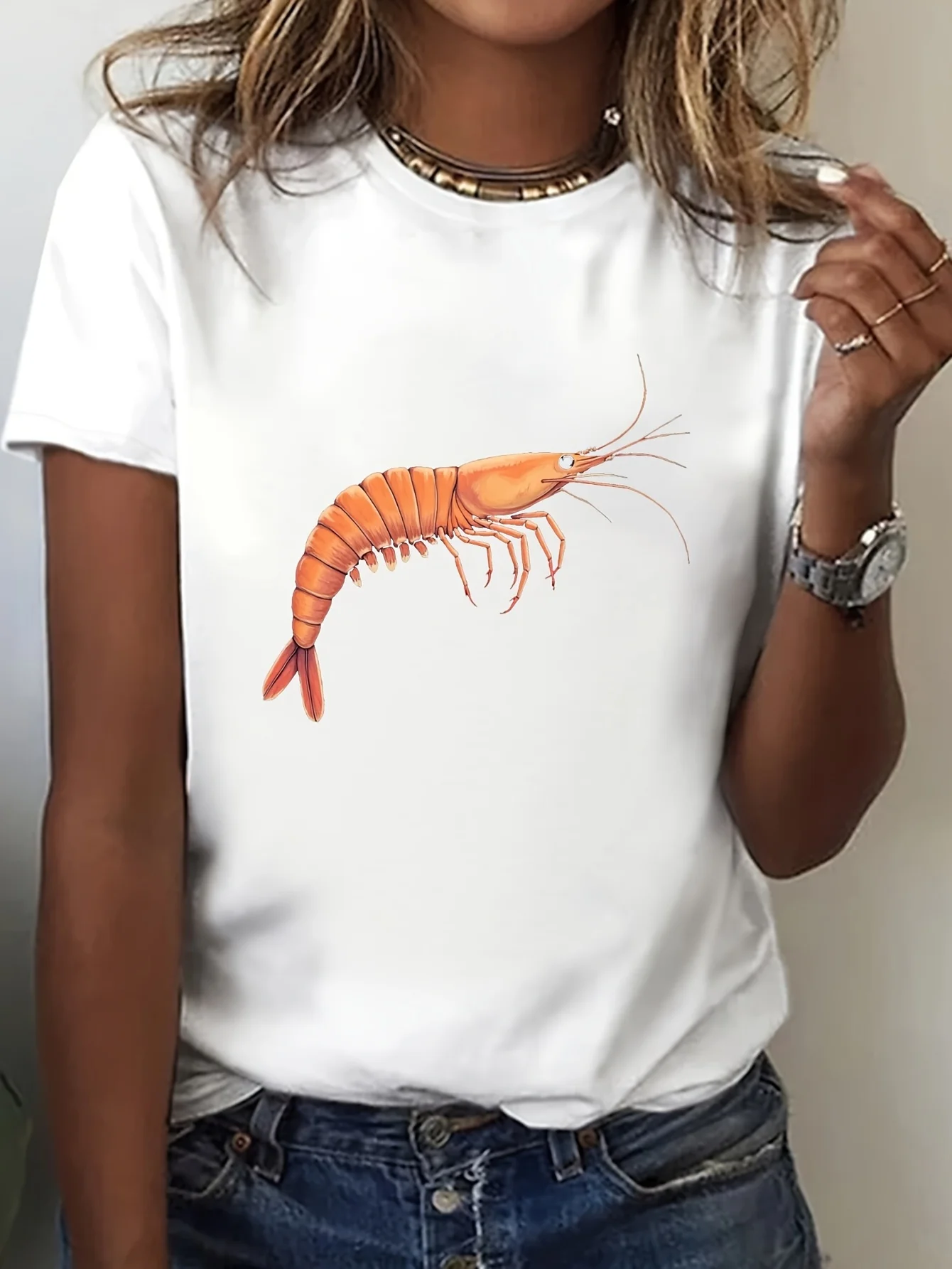 Featuring A Vibrant Shrimp Design A Light Beige High-Neck Casual That Is Breathable Stylish for Everyday and Comfortable To Wear