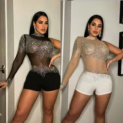 Seksi mesh see-through zayıflama gece kulübü parti parti uzun kollu sıcak elmas tulum