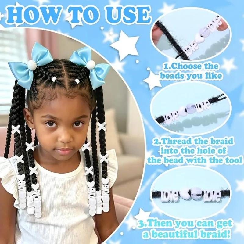 10 Styles Hair Beads for Braids 100Pcs Large Hole Acrylic Beads with Beading Tool for Girls Kids Hair Braiding Accessories