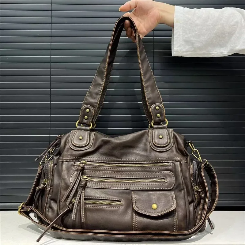 

2025 Ladies' Fashionable Y2K Washed Used Motorcycle Tote Bag, Luxurious Large Capacity Retro Single Shoulder Crossbody Handbag