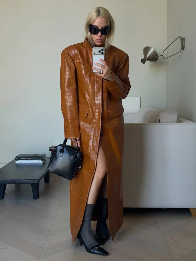 Leather Long Trench Coat Lapel Single Breasted Straight Long Front Pockets Women Vintage Autumn Winter