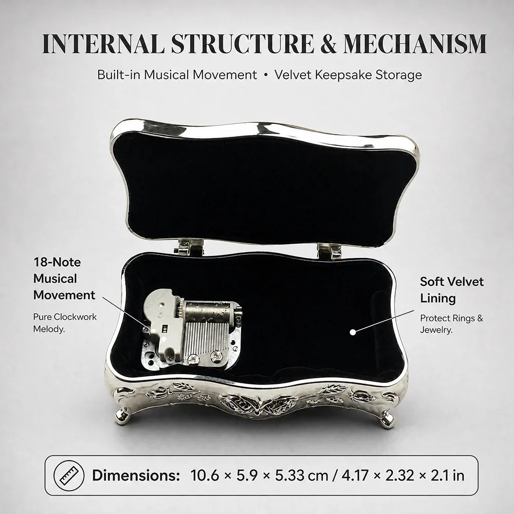 Music Box Vintage Silver Tone Musical Jewelry Box, Velvet Lined Anniversary Gift for Her Girlfriend Wife Mom Women