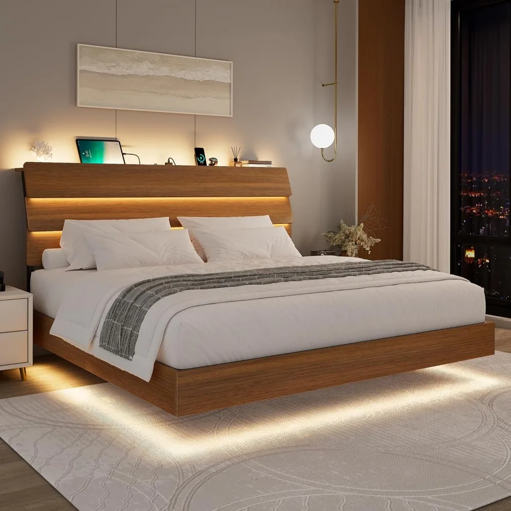 

Floating Bed Frame King with Led Lights and Charging Station, Wood Full Size Bed Frame with Storage Headboard, Heavy Dut