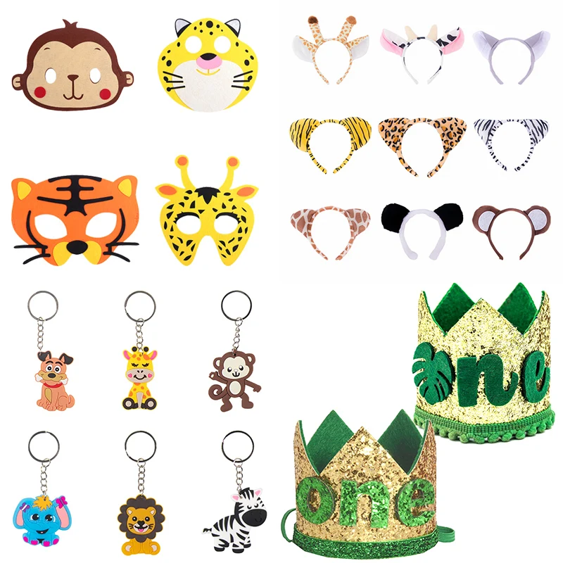 Safari Animal Party Key Chain Gifts Lion Monkey Face Mask Photo Props Kids Jungle Party Headband Crown Birthday Party Supplies