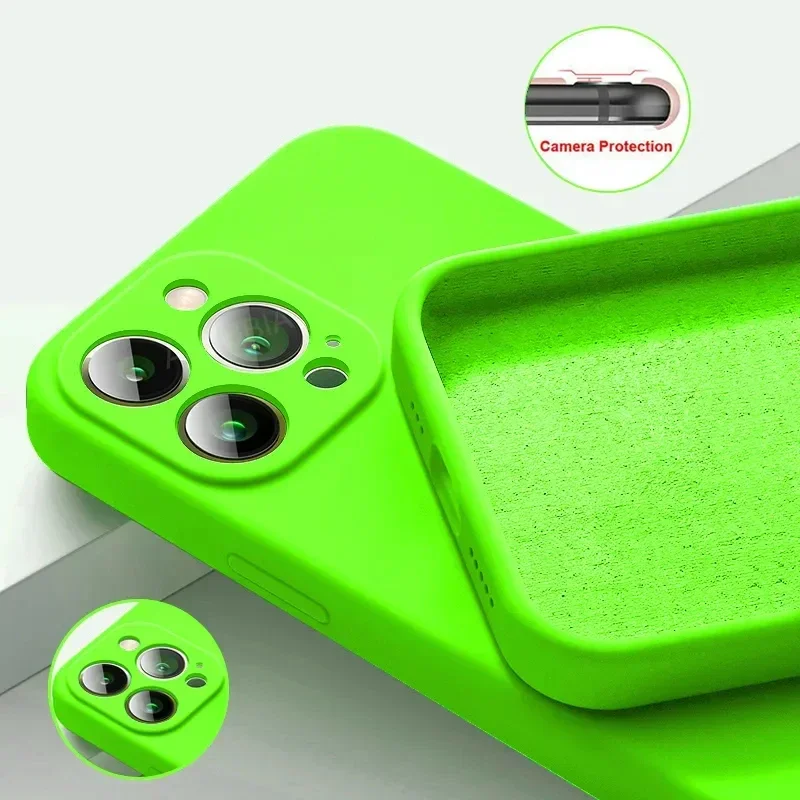 Original Liquid Silicone Phone Case For iPhone 16 15 14 13 11 12 Pro Max XS Max 16 Plus Shockproof Soft Light Green Cover funda