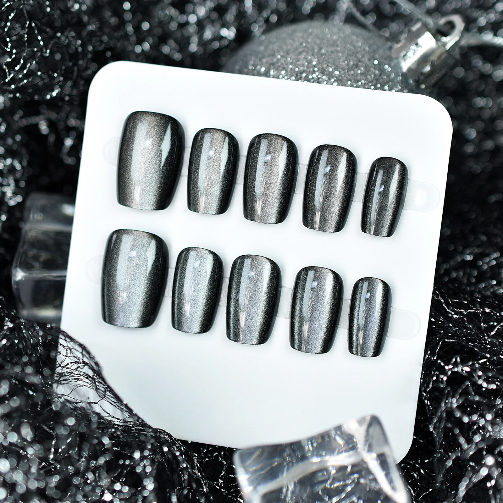 กดบนเล็บ Cateyes Black Square Handmade มี 3 ขนาดให้เลือกสําหรับเด็กผู้หญิง